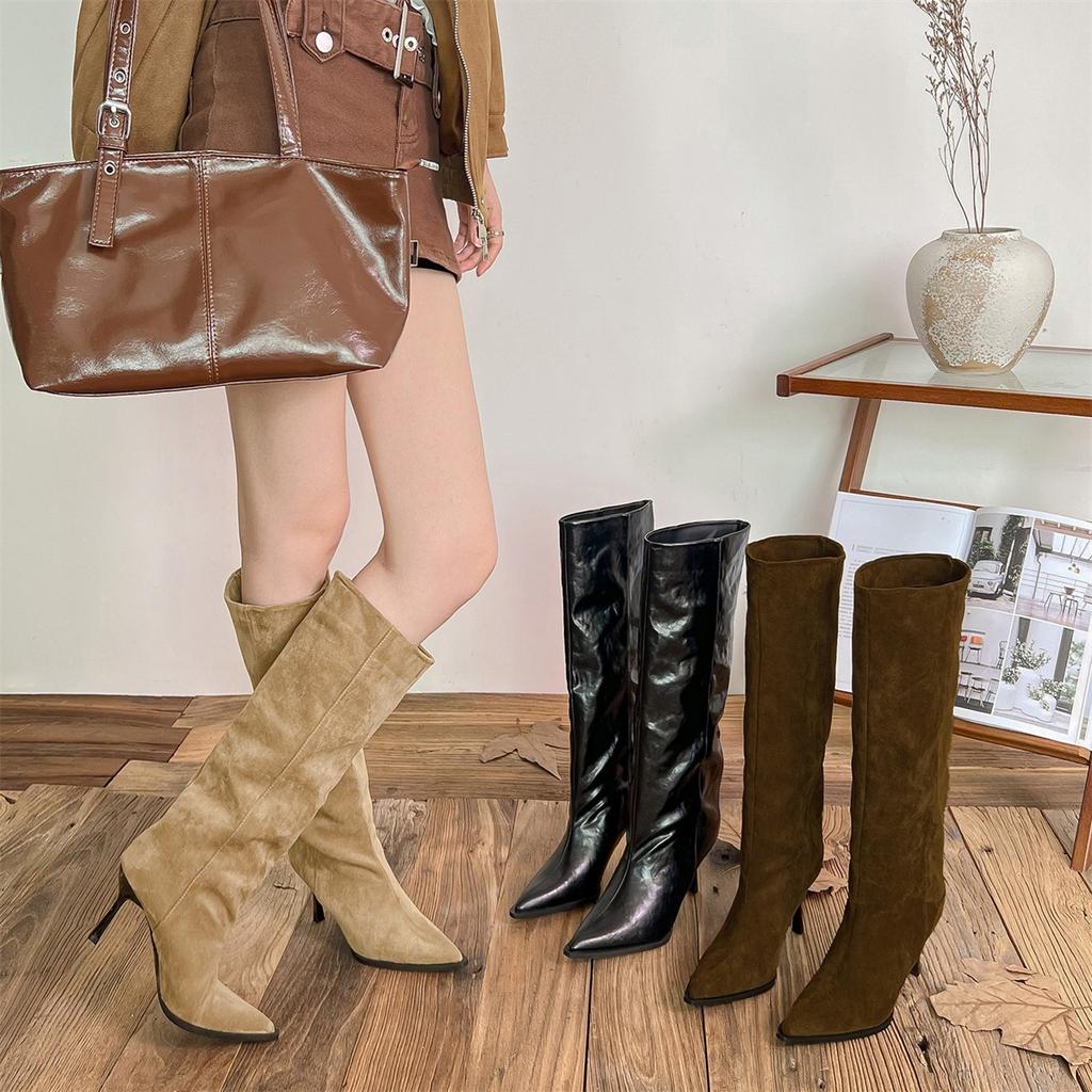Pointed Sugar Fried Chestnuts Wind Fine Heel High Boots Women's Khaki Boots Suede High Heel Boots