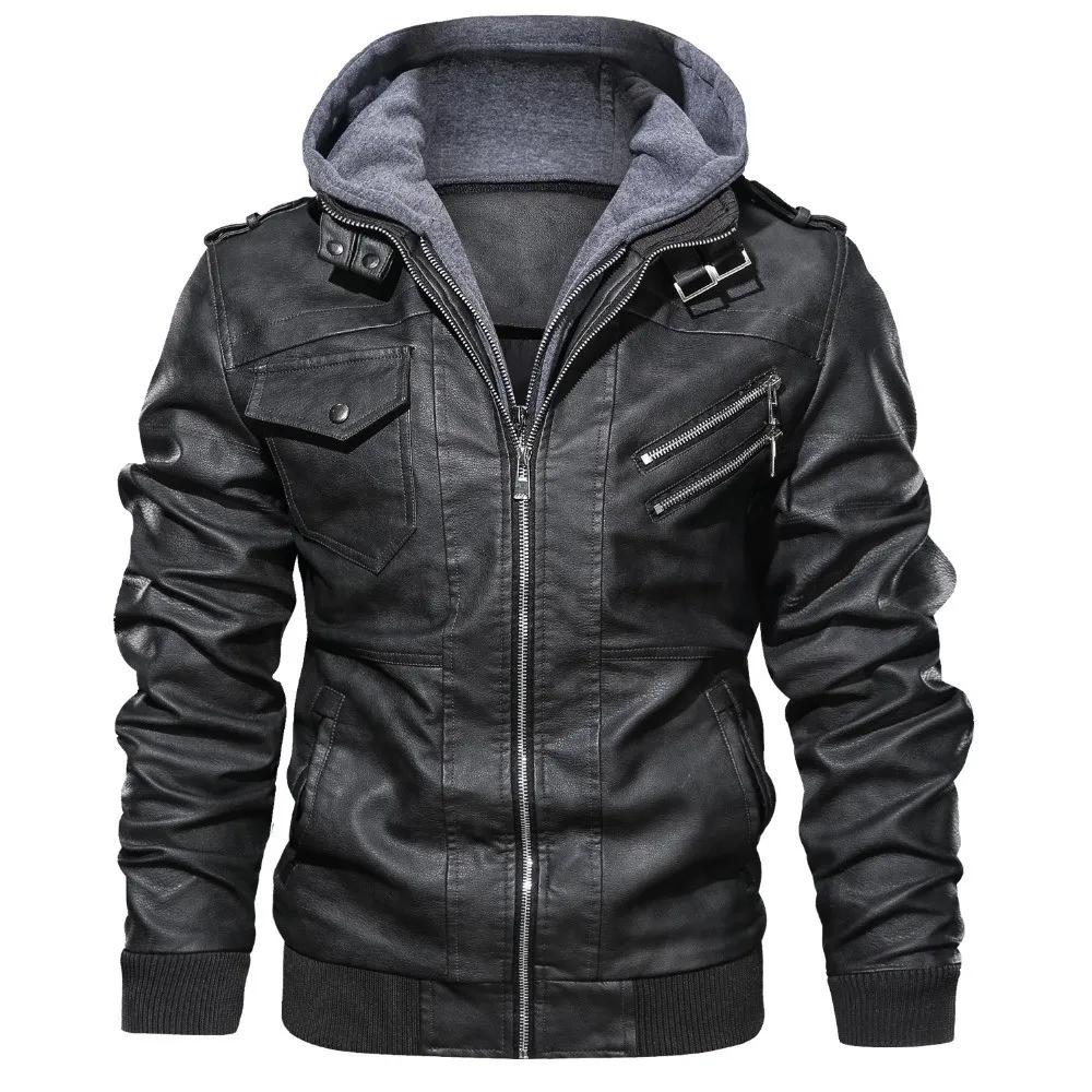 New Leather Jacket Men's Spring Autumn Winter Loose Casual Motorcycle Hooded Short Windproof Jacket