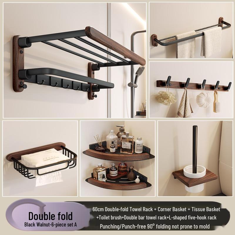 Handun Walnut Wood Double-Folding Bathroom Towel Rack & Shelf