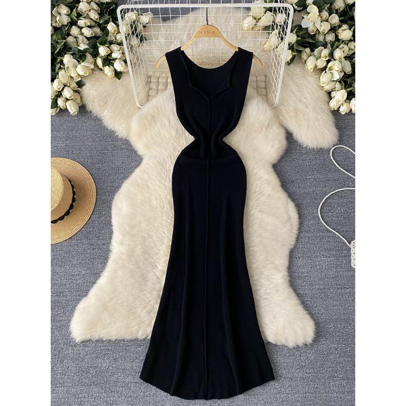 Sexy Socialite Elegant Dress Women's Stylish V Neck Sleeveless Silm Slim Looking Mid-Length Knitted Skirt Mermaid Dress