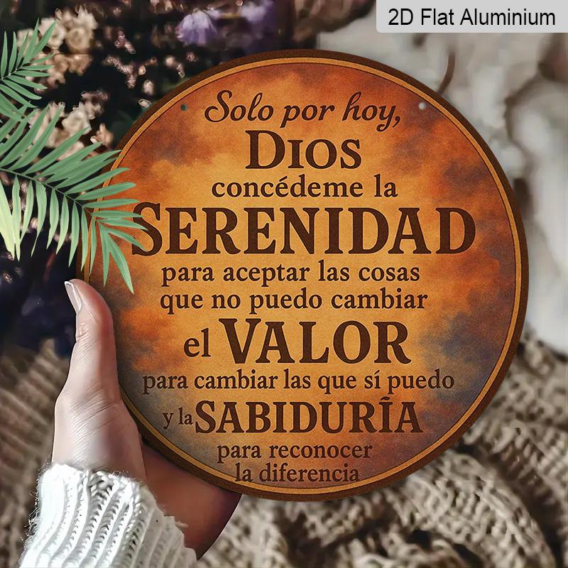 2D Flat, 1pc 7.87X7.87 Inch Round Aluminum Plaque - Spanish Prayer for Peace, Courage & Wisdom Vintage Style Decorative Sign, Suitable for Home
