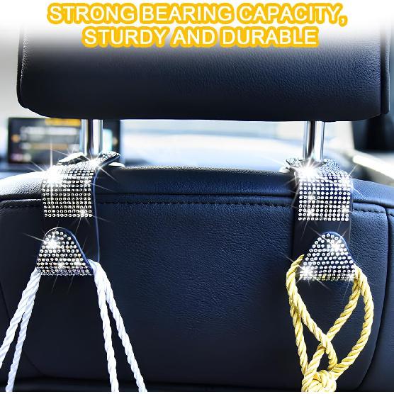 Mandark 4PCS Bling Car Seat Headrest Hooks, Crystal Rhinestone Vehicle Seat Back Hanger For Grocery Purses Handbags, Diamond Auto Seatback Storage
