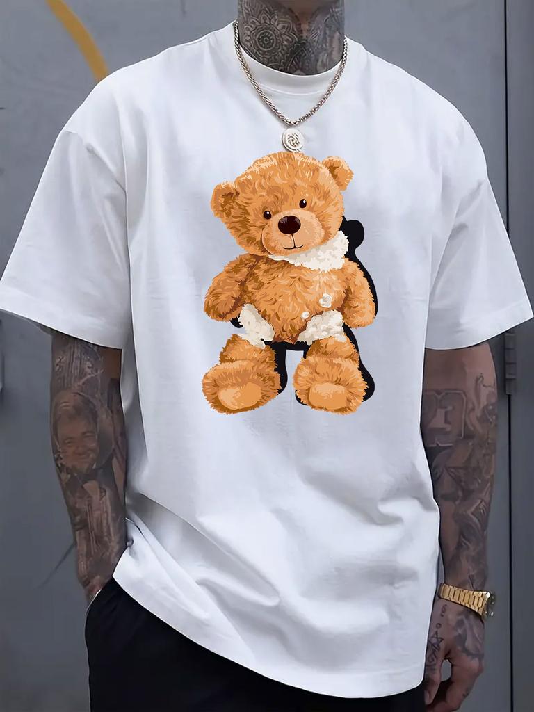 Męski luksusowy bawełniany T-shirt z krótkim rękawem z kreskówkowym nadrukiem misia, letni, unisex, męski i damski, casualowy, luźny, modny