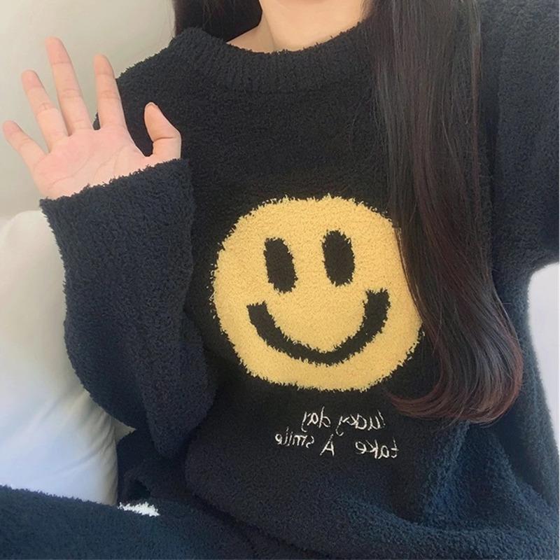 Women's Soft Black Smiling Face Pajamas Casual Couple Home Clothes Autumn and Winter New Style