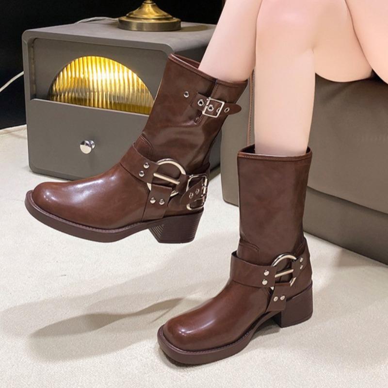 Women's Mid Calf Boots Fashion Belt Buckle Knight Boots Luxury Casual Leather Boots for Women Western Cowboy Boot Platform Botas