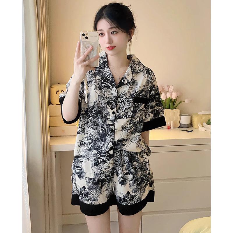 Ice Silk Pajamas Women'S Summer Short-Sleeved New Chinese Ink Painting High-End Lace Edge Thin Loungewear