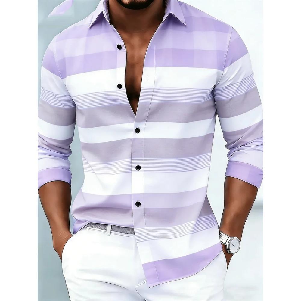 New Men's Long Sleeved Shirt Casual Fashion 3D Striped Print High-quality Shirt Single Breasted Long Sleeved Top