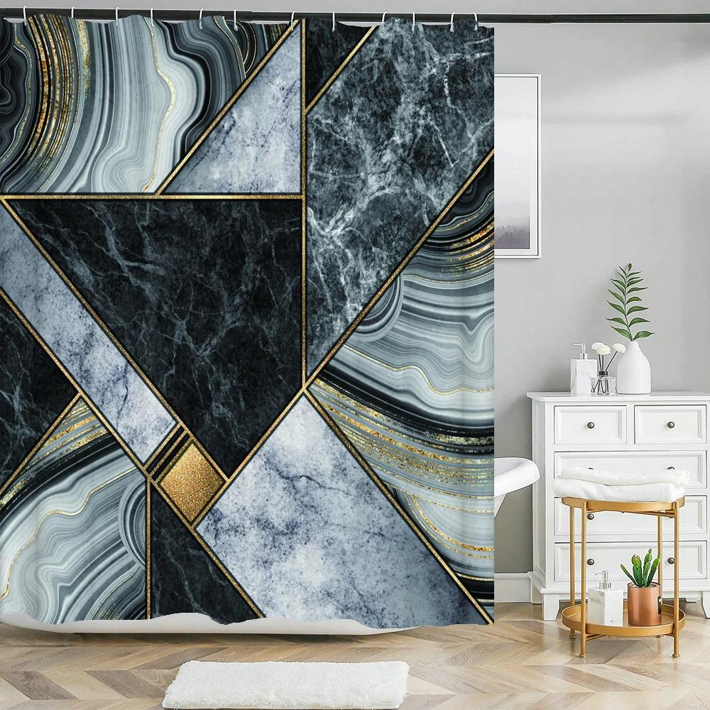 Perdea de Duș din Material Textil cu Model Geometric Abstract Marmorat Colorat, Perdele de Baie Decor, Impermeabilă, Paravan de Baie cu 12 Cârlige