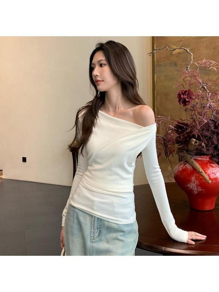 Women's Asymmetrical Off-Shoulder Slim-Fit Long Sleeve Top in White - Autumn 2025 Design