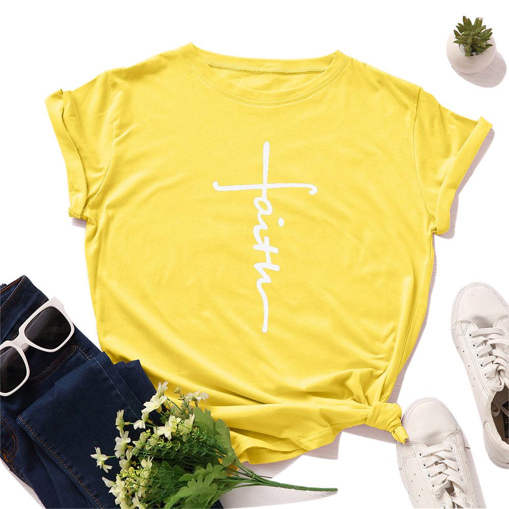 Summer Round Neck Heart-shaped Letter Faith Printed Top Fashionable Casual Pure Cotton Short Sleeved Women's T-shirt