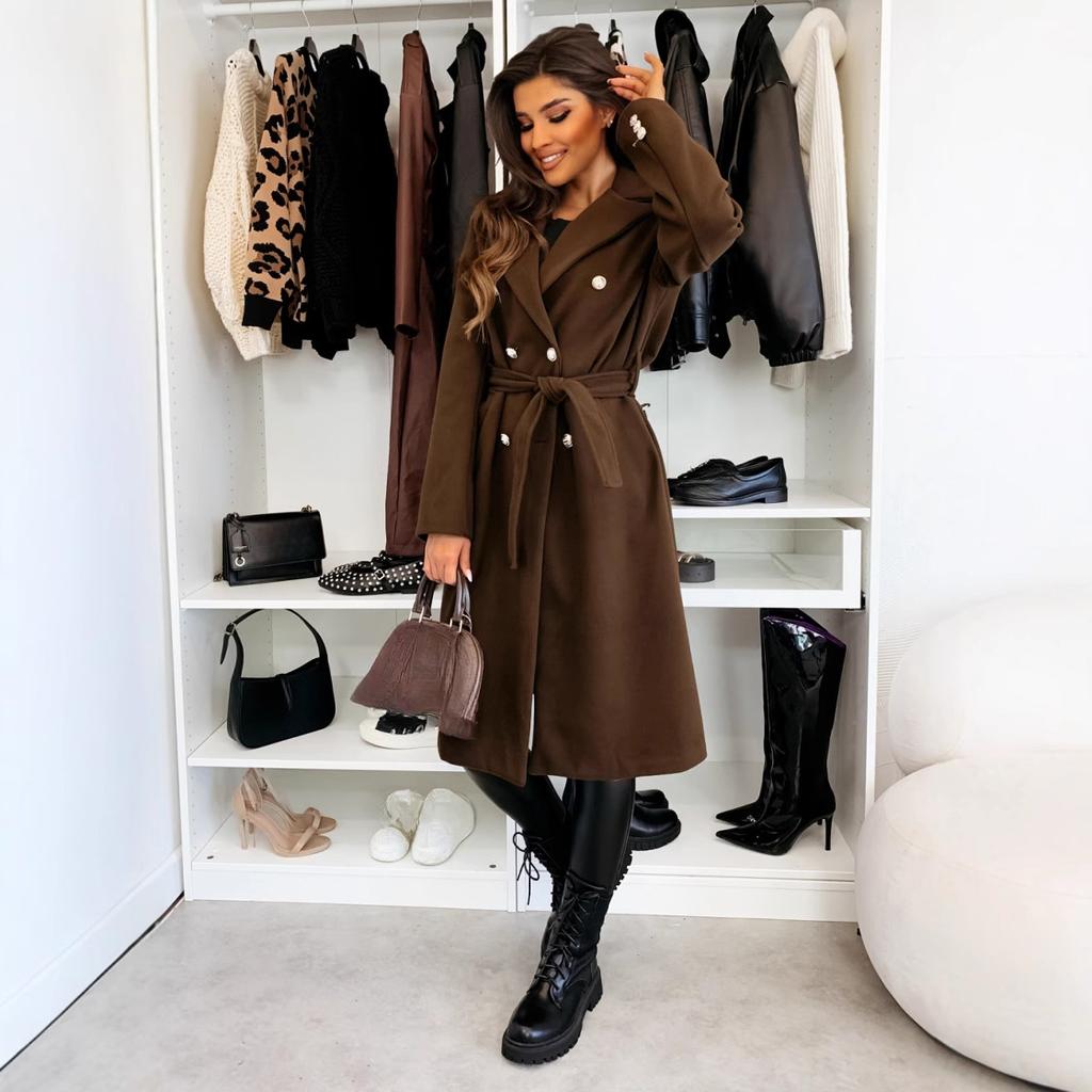 Women's Commuting Coat Winter Temperament Street Trend Solid Color Double Breasted Buckle Long Sleeve Tied Woolen Coats