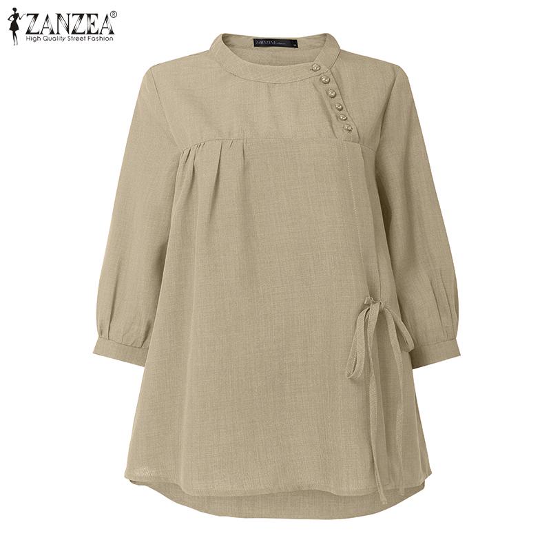 

ZANZEA Женская блузка с круглым вырезом, рукавами 3/4, боковыми пуговицами, шнуровкой и неровным низом 5XL абрикосовый