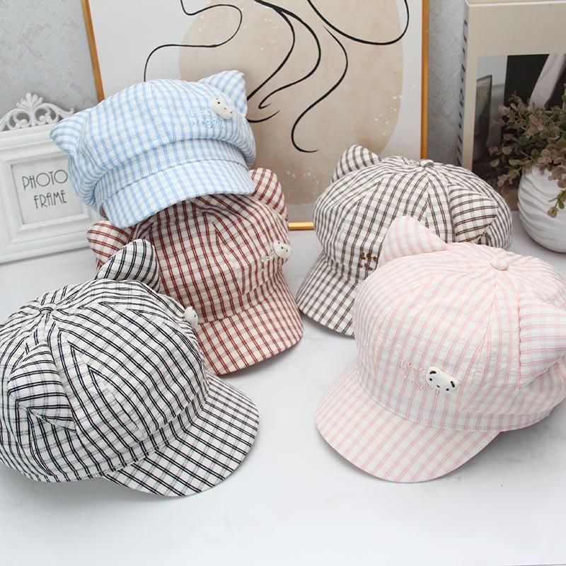 Sweet Plaid Cute Cat Ears Star Anise Hat Female Cap Spring and Autumn New Sweet Face Little Painter Hat Tide