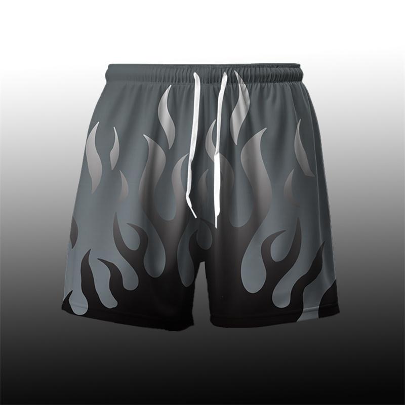 Flame Pattern Cool Harajuku Men's Board Short Y2k Personality Fire Stripe 3D Print Beach Shorts Breathable Loose Fashion Trunks