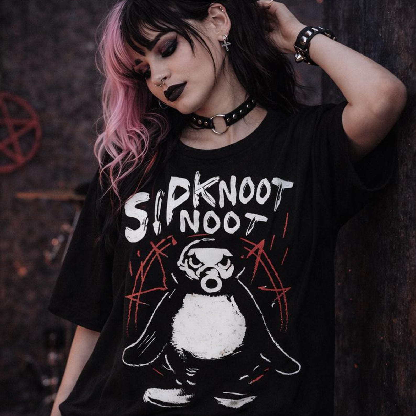 Slipknoot Noot Penguin T-Shirt - Funny Pingu Nu-Metal Parody, Heavy Metal Penguin Graphic, Dark Humor Alt Fashion Tee M