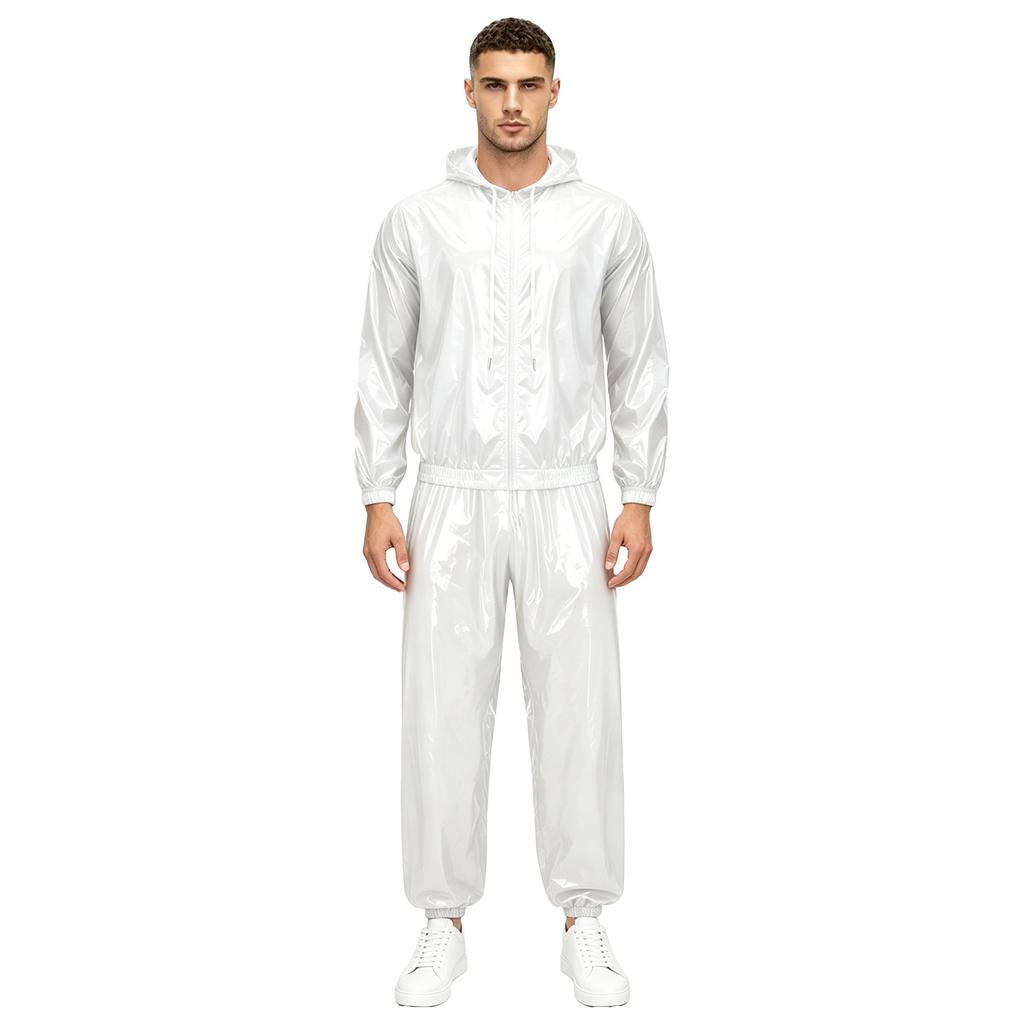 Men’s Outdoor Waterproof Suit Hooded Windbreaker Jacket Front Zipper and Sweatpants for Trail Fishing Workout Exercise