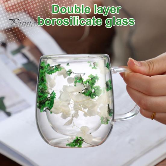 250 ml dvoustěnný skleněný hrnek čirý květinový hrnek s širokým hrdlem a izolovanou nádobou na kávu pro kávu a čaj čokolády