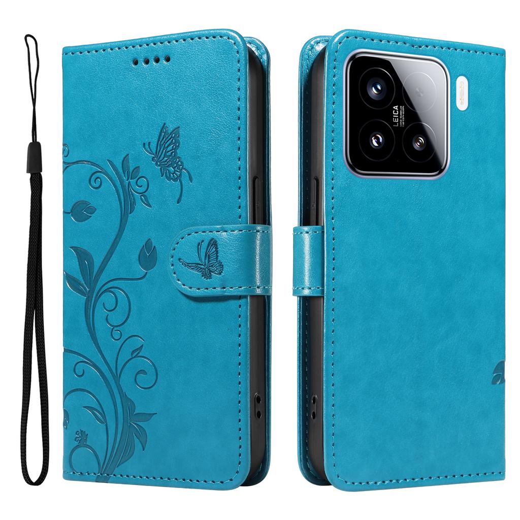 For Xiaomi 15 PU Leather Cases Flower Pattern Wallet Stand Phone Cover with Strap