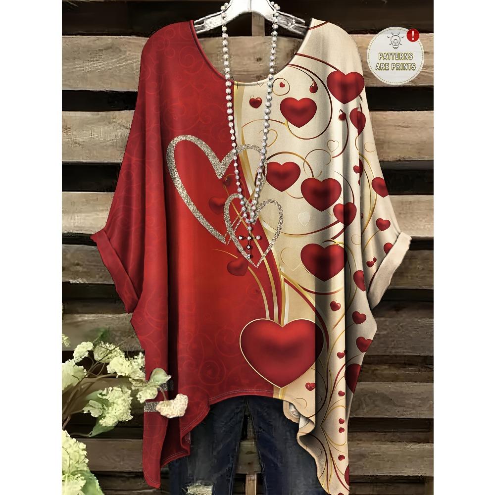 Summer large size red love interwoven pattern printed bat sleeve crew neck T-shirt, dovetail irregular hem