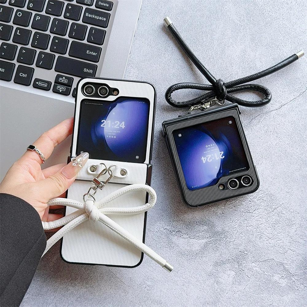 Stripe Texture PU Leather Cover with Bowknot Pendants for Samsung Galaxy Z Flip 6 5 4 3 5G Hard PC Hinge Protective Phone Case
