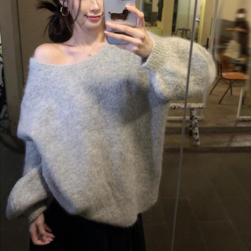 Rückenfreier Schleifen Grauer Alpaka-Wollpullover - Herbst Koreanischer Stil Slim Fit Pullover für Damen
