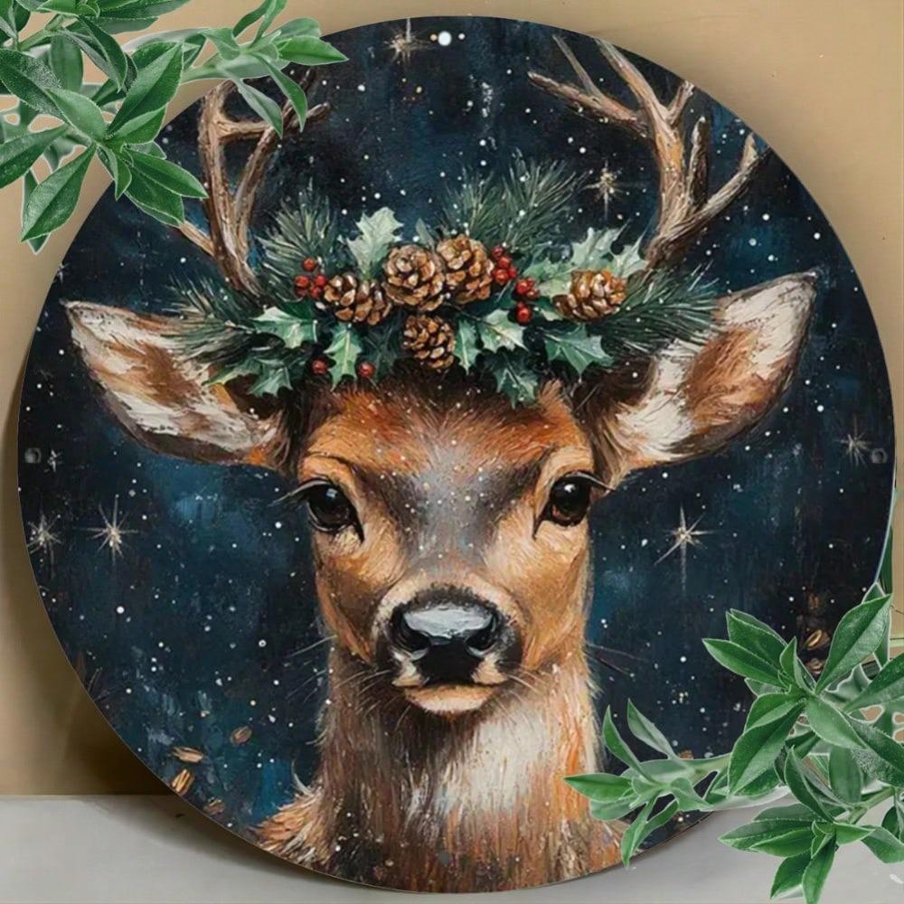 Vintage Reindeer Christmas Metal Wall Art 8x8 Inch Round Tin Sign For Bar Cafe Club Room Decor
