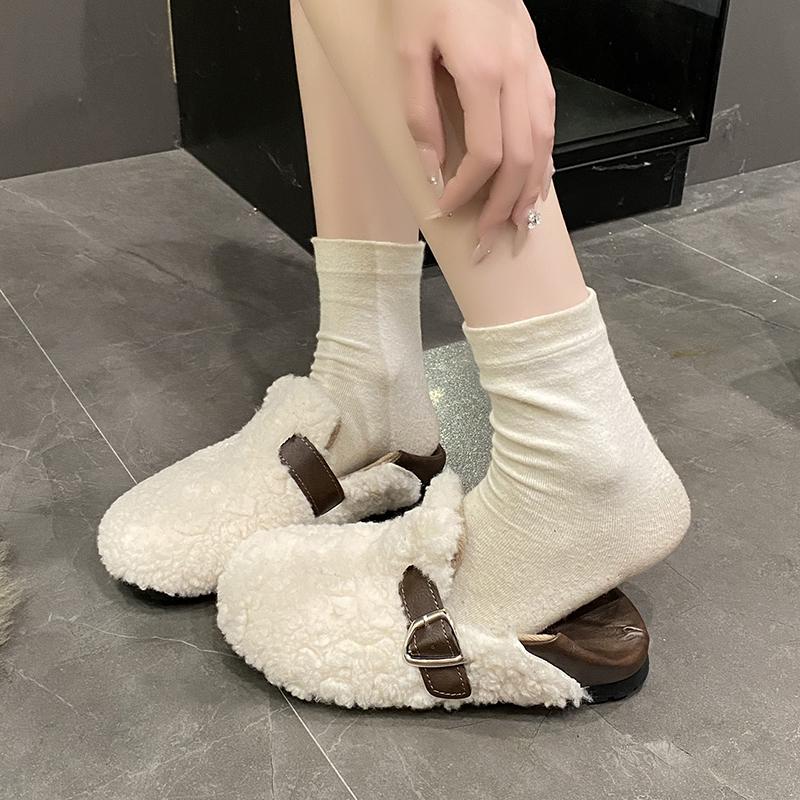 Soft Elegant Women Shoes Female Footwear Loafers Fur Fall Winter Mary Janes Rome Fabric Flat Basic Flock Luxury Shoes Women