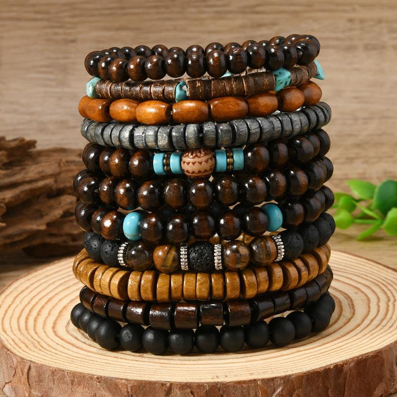 TEMU New 10-piece Set of Coconut Shell Wood Beads Beaded Elastic Line Men's Bracelet Bracelet Bracelet