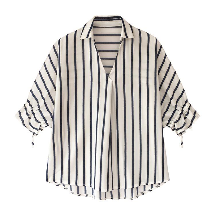 Summer 1116 New Han Fan Lace-up Seven-Sleeve Striped Shirt Women's Loose Casual Chiffon Shirt Bottom Top