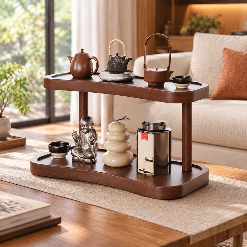 Compact Bamboo Cosmetic Organizer with Dual Shelves and Integrated Cup Holder for Kitchen or Coffee Mug Display