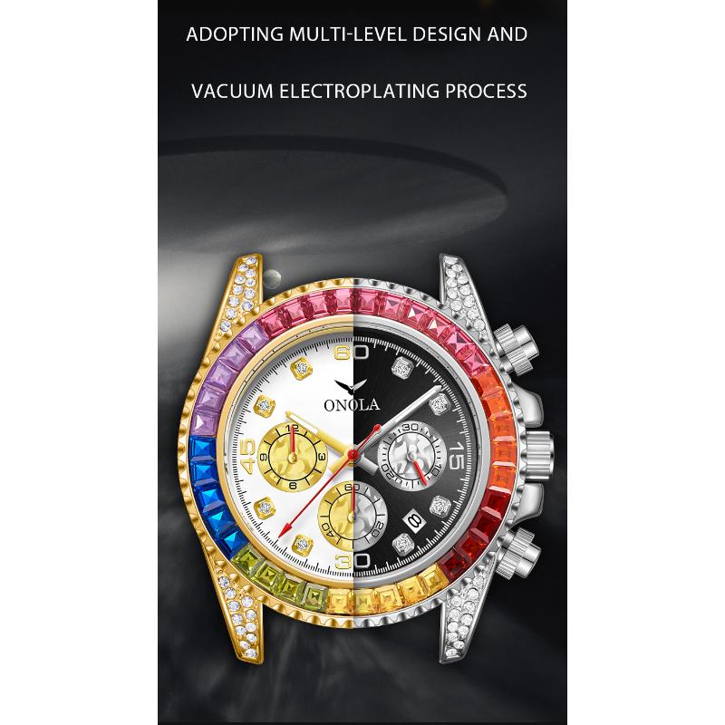 ONOLA Luxus Gold Uhr Herren Automatik Datum Edelstahl Wasserdicht Uhr Mode Regenbogen Iced Diamant Quarz Armbanduhr