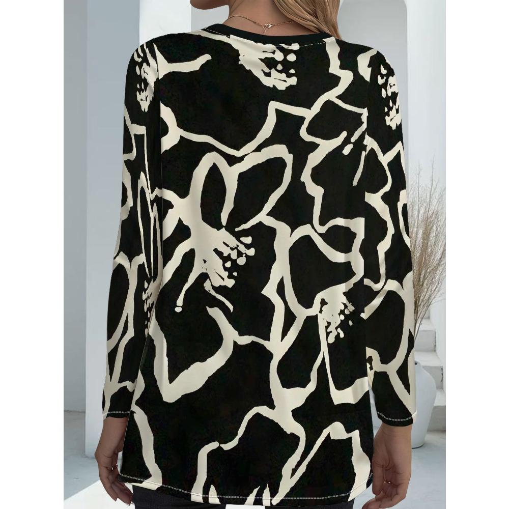 Women's large size with pocket design black and white abstract printed long-sleeved loose top, fashionable versatile casual T-shirt