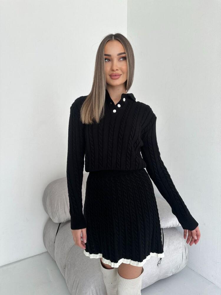 European & American Casual Long Sleeve Knit Sweater and Short Skirt Two-Piece Set for Women