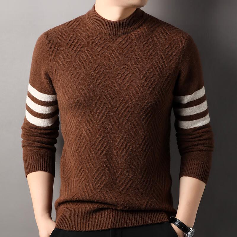 Hengyuanxiang Men s Thickened Jacquard Stripe Mock Neck Wool Sweater XL