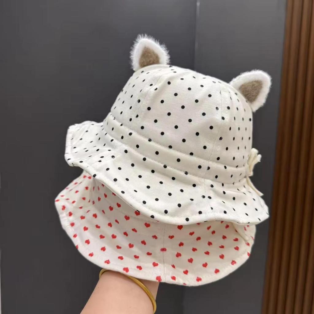 Niedlicher Blumenpunkt Schleifendruck Baby Bucket Hat mit Ohren Sommer Baumwolle Kleinkind Mädchen Fischerhut Outdoor Säugling Sonnenschutz Kappen