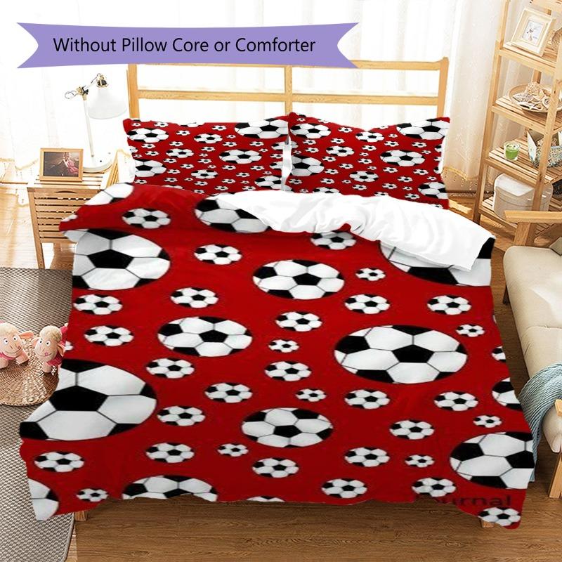 Black White Soccer Ball Pattern Red Background Print 3 Pieces Duvet Cover Set Football Sports Bedding Bedroom Home Decor Without Pillow Core Comforter