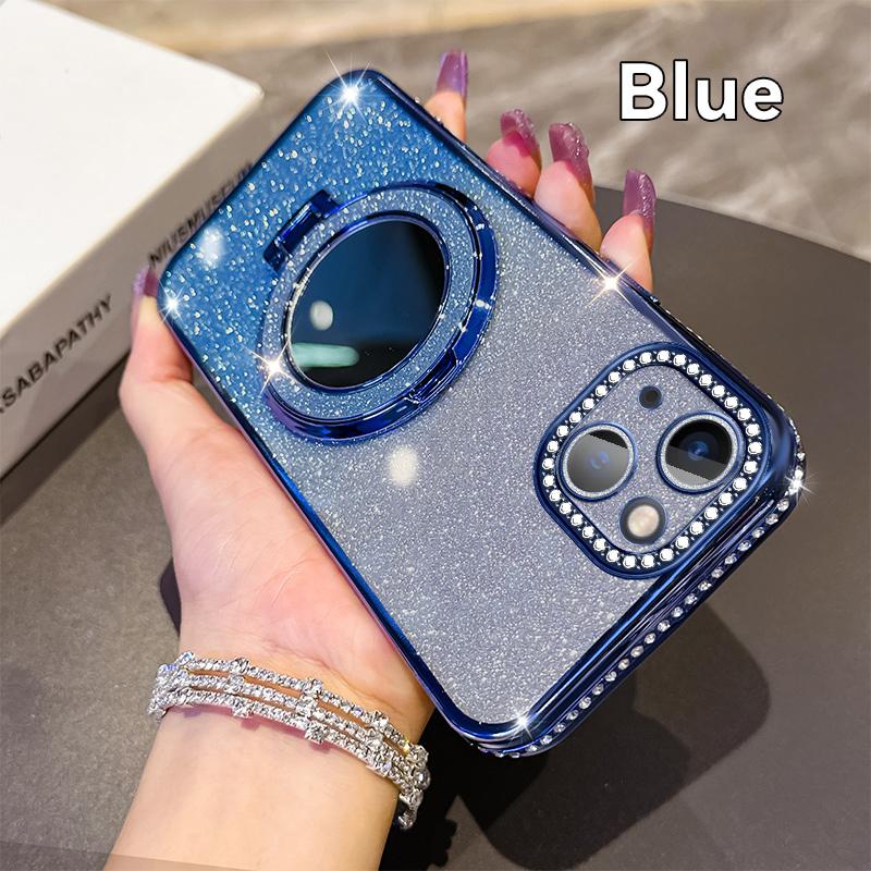 KEYSION Luxury Glitter Jewelled Magnetic Phone Case for iPhone 13 14 Pro Max Makeup Mirror Ring Stand Shockproof Back Cover