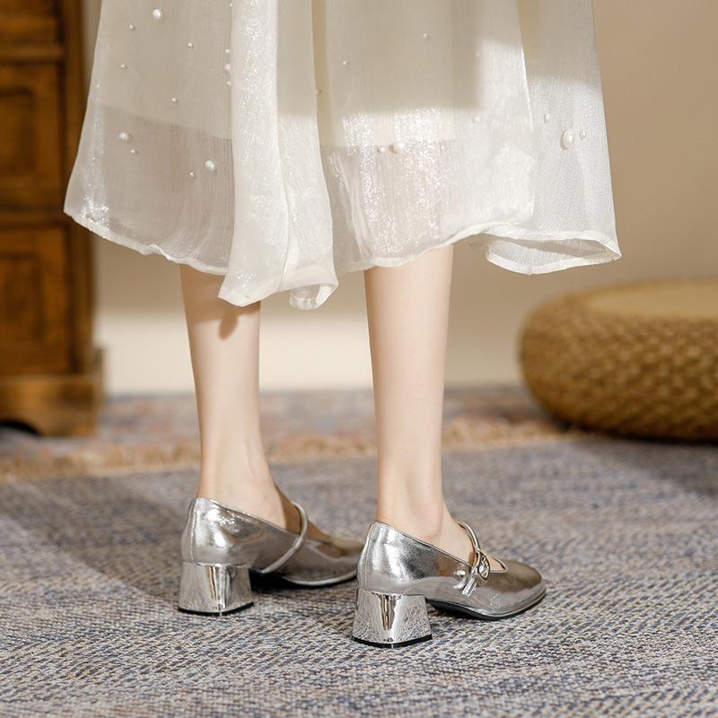 Medium heel Mary Jane shoes spring new princess silver thick heel waterproof table single shoes women's small silver shoes
