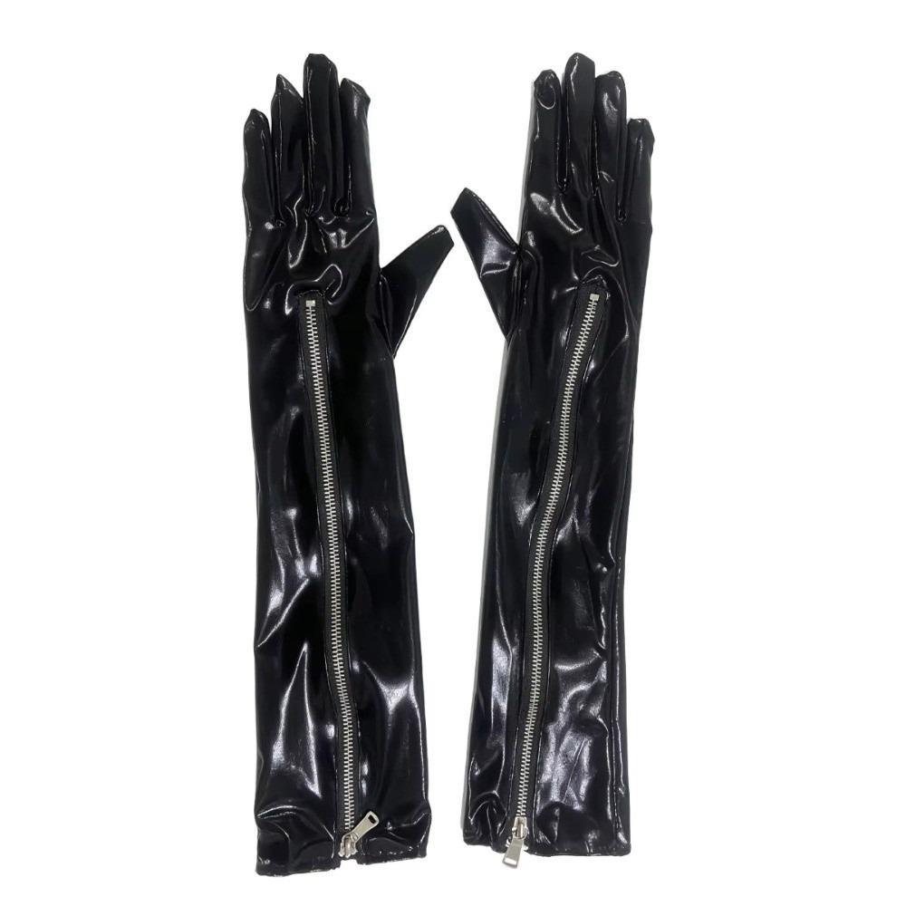 1 Pair Black Zipper Gloves PVC Over Elbow Gloves Sexy Steel Pole Dance Gloves Cosplay Costume