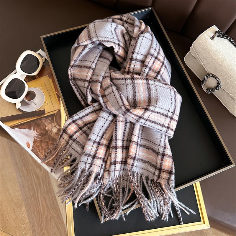 Unisex Korean Plaid Thick Winter Scarf with Tassels - Imitation Cashmere Shawl