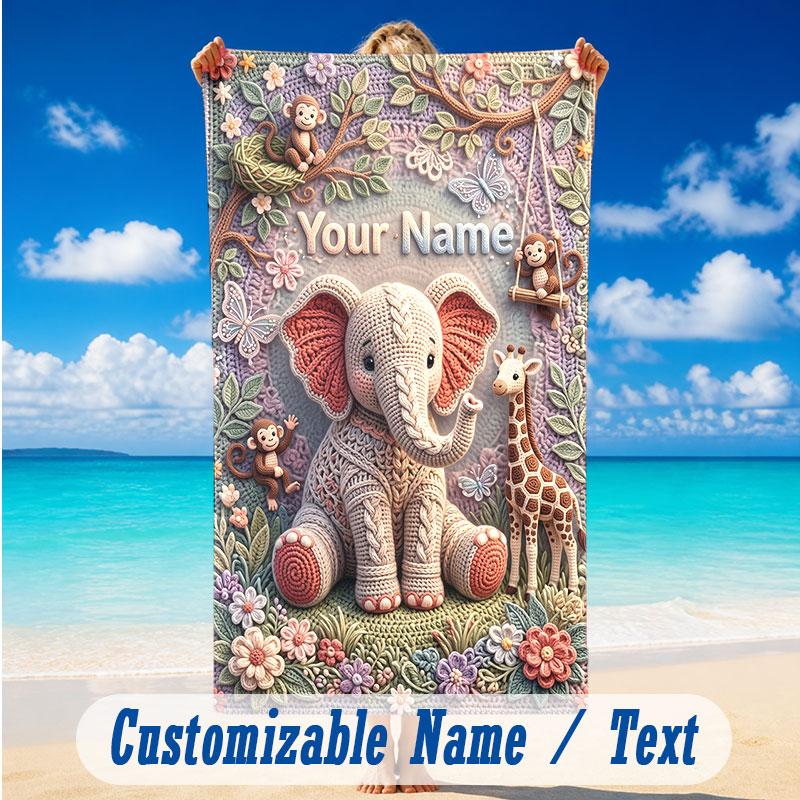Elephant Theme Beach Towel Personalized Custom Name & Text Soft Quick Dry Beach Towel for Swimming Travel
