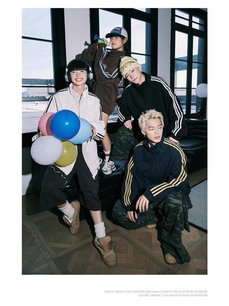 Męska modna kurtka w paski ze stójką na wiosnę/jesień - Kardigan w kontrastowe trzy paski dla par.