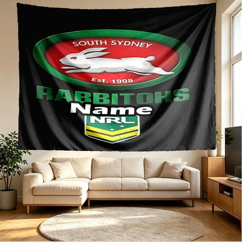 Custom Name Personalized South Sydney Rabbitohs Print Tapestry, Wall Art Decor, Bedroom, Dorm, Apartment, LivingRoom, Party Backdrop, Gift for Birthda