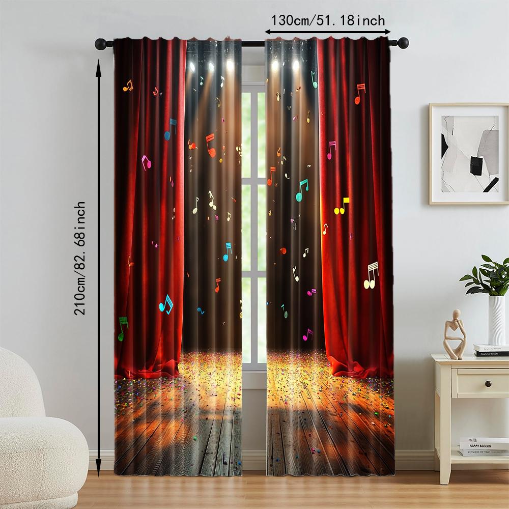 2 Pcs   Versatile Polyester Transparent Curtains for Home Decoration Red Curtain with Musical Notes for Use In Bedrooms and