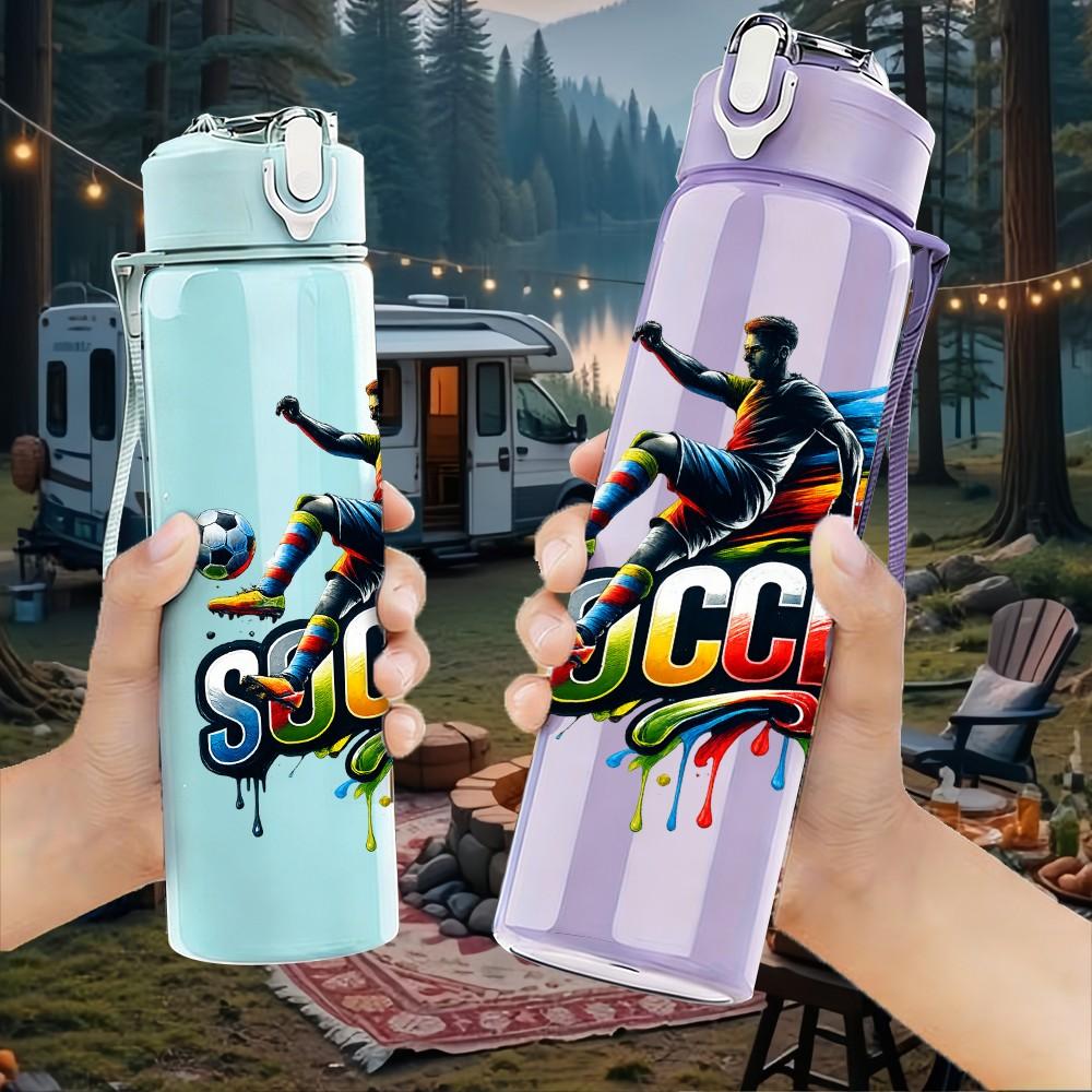 1PC Color Splash Soccer Player Print 750ml Color Plastic Sports Water Bottle Leakproof Flip Straw Lid Suitable for Sports Office Home Use