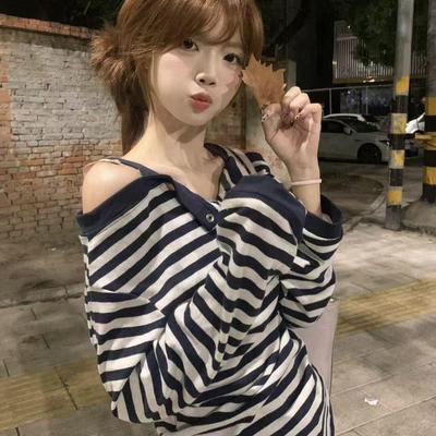 Korean Plus Size One-Shoulder Slimming Long Sleeve T-Shirt - Women's Spring/Autumn Slim Fit Off-the-Shoulder Top