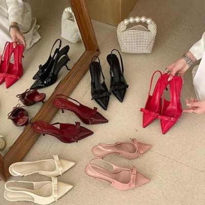 Fashion New Style Fashion Design Slingbacks Butterfly-knot Women Pumps Sexy Pointed Toe Thin Heels Stripper Party Shoes Large Size 35-43