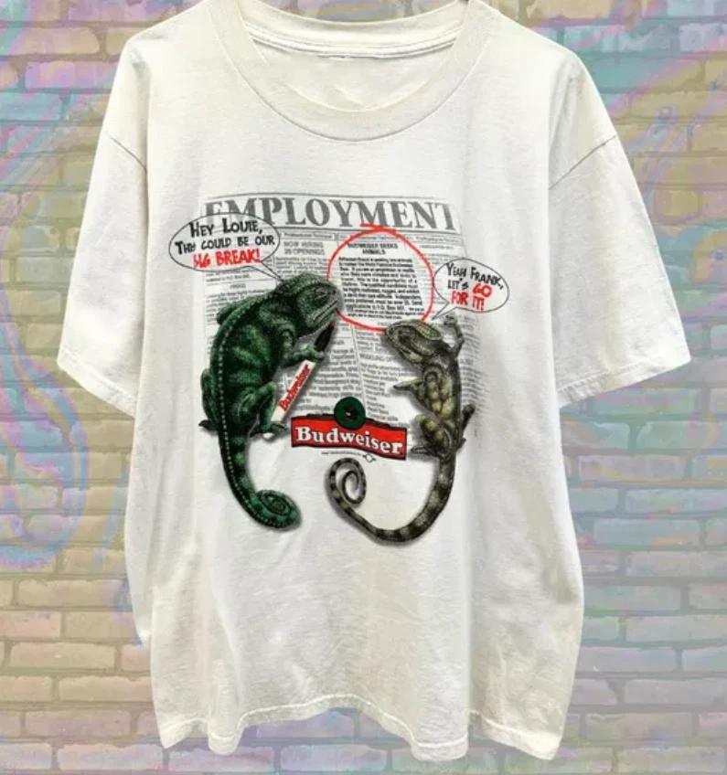 

Men s 90s Budweiser Employment T-shirt Vintage Rare Funny Lizard Beer Tee S-5XL S