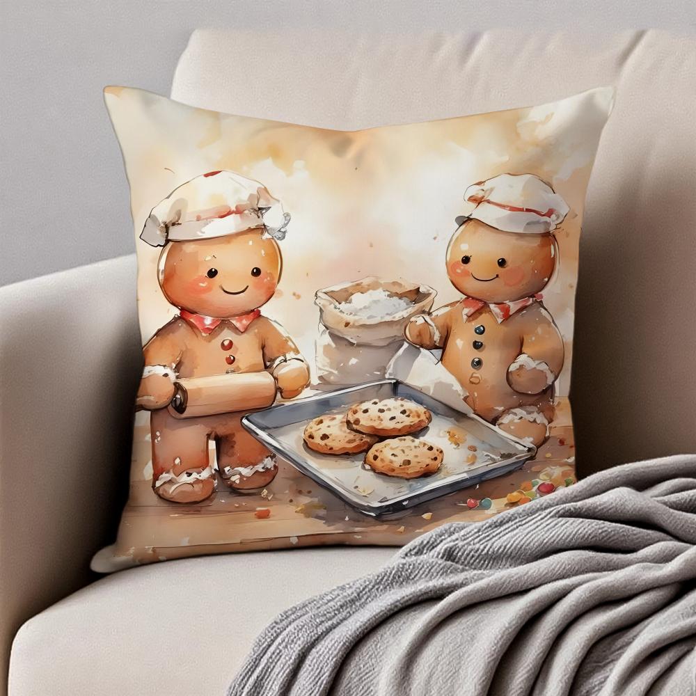 Christmas Gingerbread Man Fun Holiday Cushion Cover Pillowcase Antidustmite Invisible Zipper Short Plush Sofa Cushion