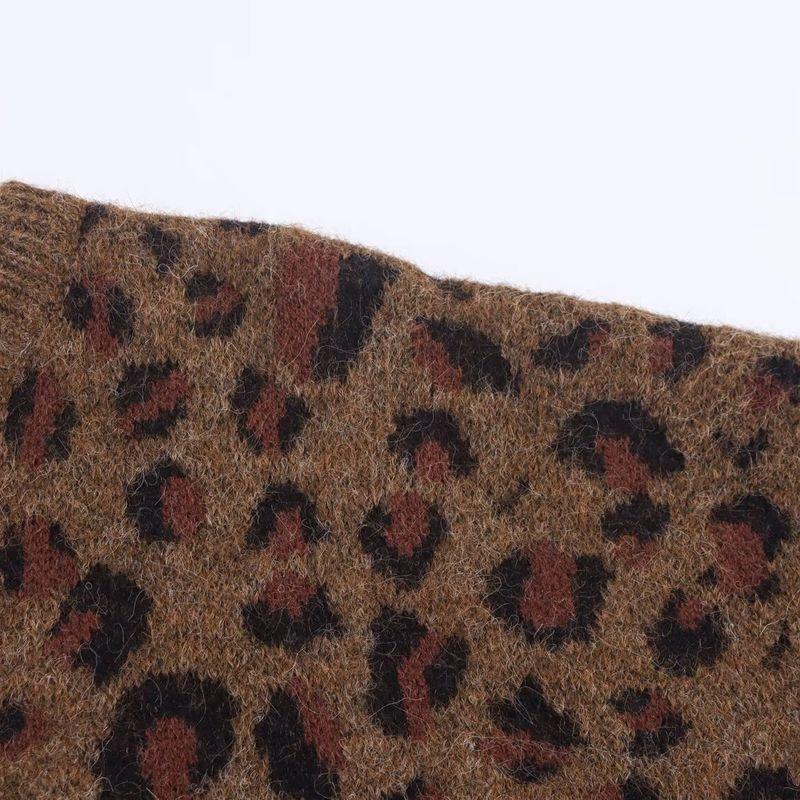 Kaslead New Women clothes Western Style Leopard Print Jacquard round Neck Loose Pullover Knit sweater Sweater